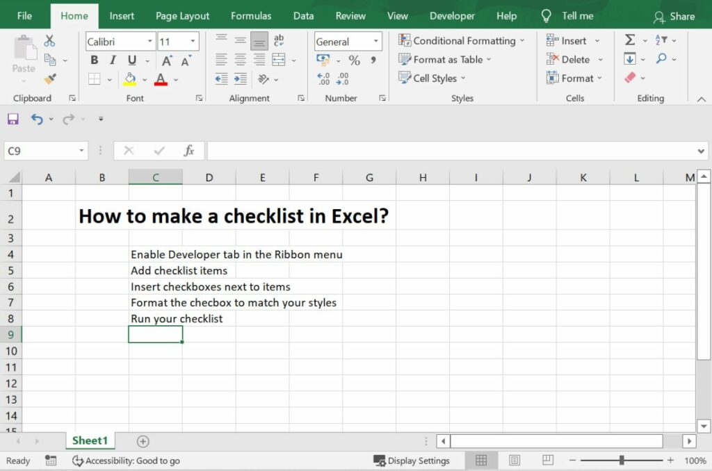 在Excel中添加检查表项