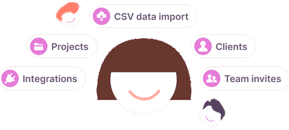 快乐的员工面对Toggl Track简单的入职功能，如CSV数据导入，团队邀请和集成。